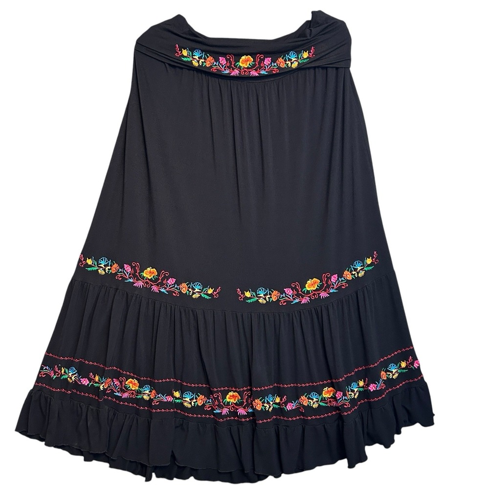 Lapis Women's XL Fold Over Skirt Black Embroidered Boho Hippie Elastic Waist Y2K